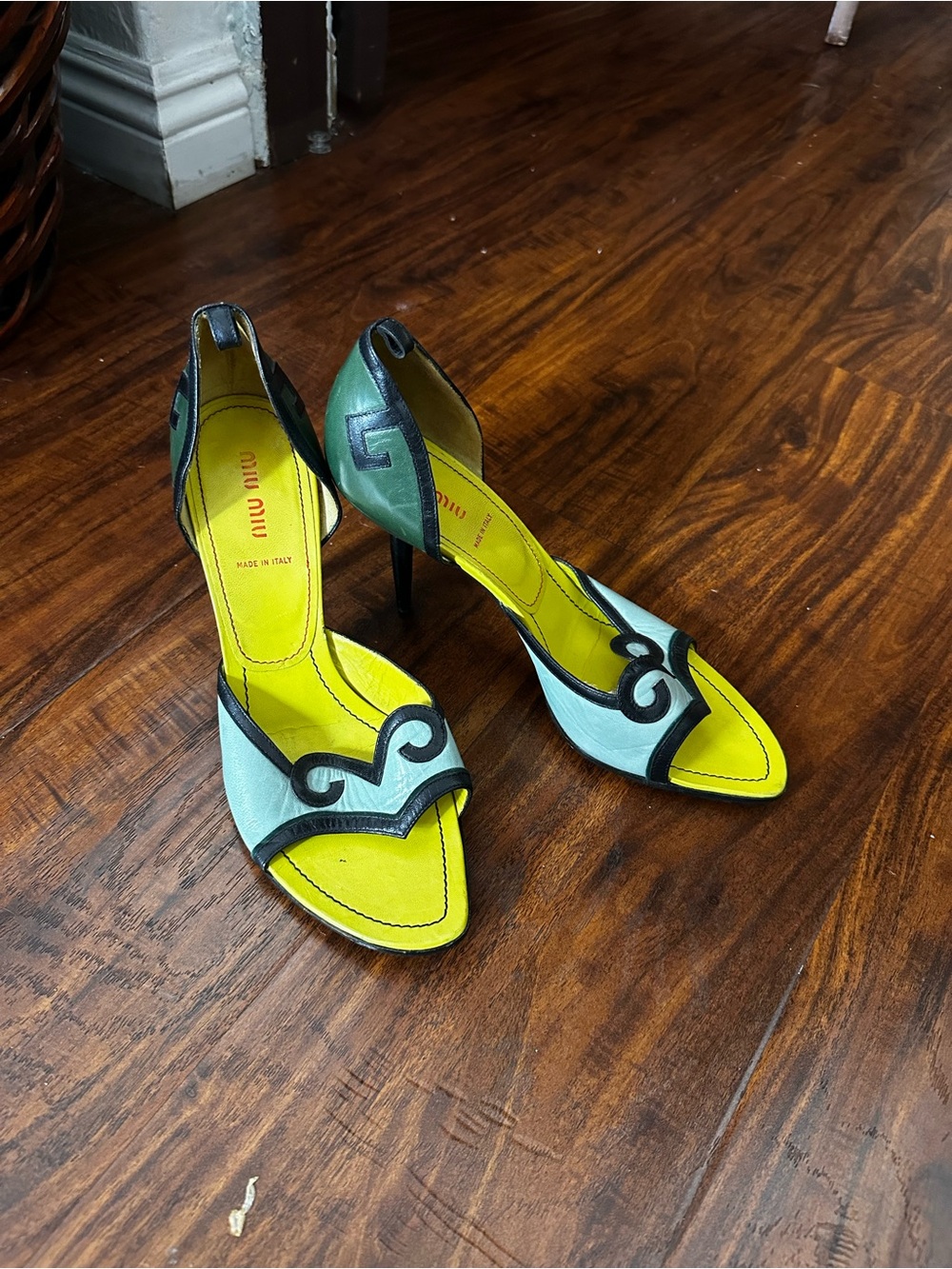 Vintage Miu Miu Two-Tone Yellow & Light Blue Leather Open-Toe Heels 9 39.5